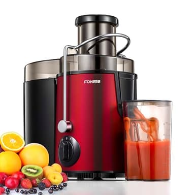 Juicer Machines, FOHERE Centrifugal Juicer Extractor Max Power 900W with Large 3” Feed Chute for Whole Fruit and Vegetables, Easy to Clean, 3 Speed Control, Cleaning Brush and Recipe Included, Red