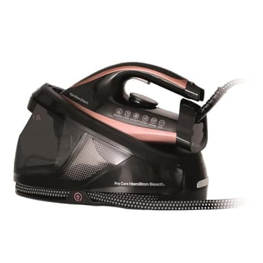 Hamilton Beach Steam Generator Iron, Pro Care, 3100W, 3 Bar Pressure, Vertical Steam, Non-Stick Soleplate, Anti-Scale Technology, Variable Temperature Control, Auto Shut Off - HB268SGBG, Black/Bronze