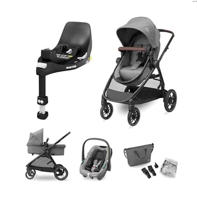Maxi-Cosi Zelia S Trio 3-in-1 Travel System, FamilyFix 360 Base Bundle - Baby Pushchair Travel System incl. CabrioFix S i-Size Car Seat, 0-4 Years, Up to 22 kg, Grey + FamilyFix 360 Swivel Base, Black