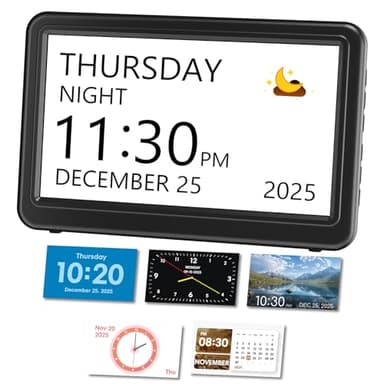 Mesqool Calendar Clock with Days Dates and Time, Digital Dementia Clock with 20 Alarms & Custom Reminders, 7'' Large Number Display, Auto Dimmer and Photo Frame for Elderly