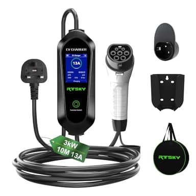 RTSKY Ev Charger Cable Type 2 to 3 Pin UK Plug 10M, 3KW 13A with Adjustable Current, Includes UI Display Screen, Storage Bag & Wall Mount