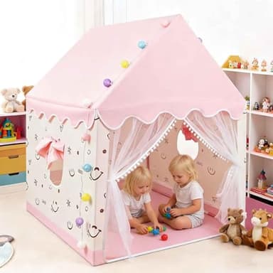 eSynic Kids Indoor Playhouse Tent with Lights & Windows Portable Play Tents for Toddlers Pink Large Wendy House for Girls Kid Den Toy House Gift for 3-12 years old -120 L x 100 W x 130 H cm