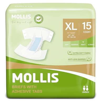 MOLLIS Adult Nappies for Women & Men, Unisex Diapers with Tabs, Disposable Incontinence Slip, Maximum Absorbency, XLarge (1 Pack of 15)