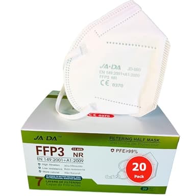 Spanner In The Works FFP3 Face Masks UK Certified EN149 Pack of 20 - Individually Wrapped Disposable Dust Masks For Fine Dust White Face Mask For Sanding Wood | 7 layer FFP3 Mask