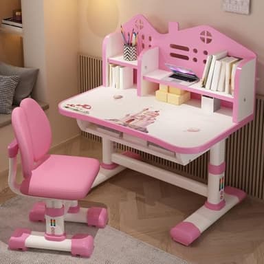 tekrabea Kids Desk and Chair Set, Height Adjustable Childrens Desk and Chair Set, Ergonomic Writing Desks with Widened Desktop, Bookstand and Storage Drawer, Pink