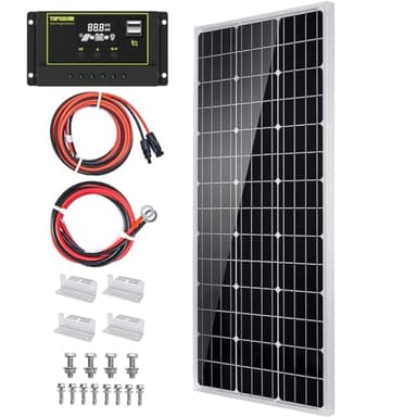 Topsolar Solar Panel Kit 100 Watt 12 Volt Monocrystalline Off Grid System for Homes RV Boat + 30A 12V/24V LCD PWM Solar Charge Controller + 16ft Solar Cables with Connector + Z-Brackets for Mounting