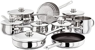 Stellar Classic Set of 9 Stainless Steel Pans, 6 Deep Saucepans with Lids, Steamer, Non-Stick Frying Pan, Milk Pot, Dishwasher Safe