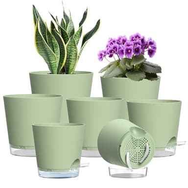 WSMKSZ 7 Pack Self Watering Plant Pots Indoor, Plastic Flower Pots with Clear Reservoir, Visible Water Level & Drainage Holes, 20/17.6/16.3/15/13.8/12.7/10.2 cm Planter Pots with Cotton Wick, Green