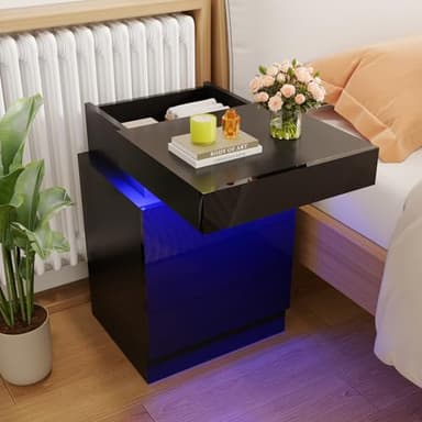 Saitedudu Bedside Table With Charging Station 2 AC+2 USB & LED Light,3 Drawers and 1 Hidden Compartment Bedside Cabinet 40x35x61cm