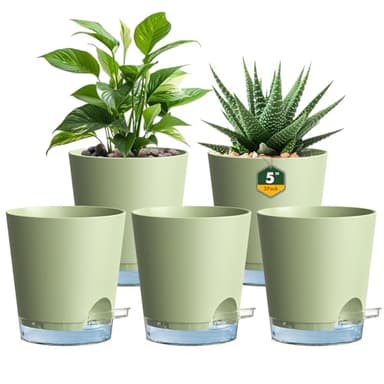 Homeuouz 12 cm Self Watering Pots With clear reservoir, 5 Pack Plastic Flower Pots with Drainage Holes and Saucer, Indoor plant pots for Herbs and All House Plants, Green