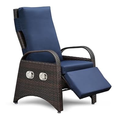 ATR ART TO REAL Recliner Garden Chairs,Adjustable Reclining Armchair With Integrated table,All weater Resin Rattan and Removable Cushion for Indoor Outdoor(Navy Blue)