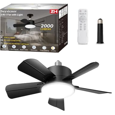 Socket Ceiling Fans with Lights and Remote, E27 Screw in Fan Light 2000LM, LED Ceiling Fan with 900PRM-6 Speeds, 3 Colour Dimmable, Quiet Light Bulb Fan for Bedroom, Kitchen, Garage,Bathroom
