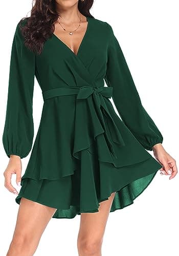 PCEAIIH Women's Cocktail Dresses Long Sleeve Empire Skater Dress Deep V-Neck Waist Tie Ruffle Mini Swing Dresses L Dark Green