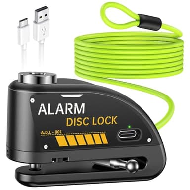 YBLNTEK Motorbike Alarm Disc Lock Rechargeable, 120dB Motorcycle Disc Brake Lock with 5.9FT Reminder Cable, High Security Anti-Theft Motorbike Locks 7mm Pin for Bike Moped Vespa Motocross E-Bike