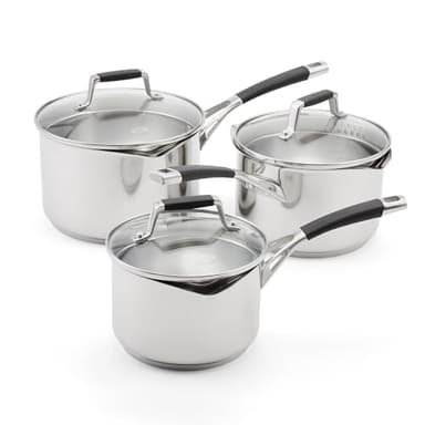 Stellar Flow 3 Piece Draining Saucepan Set - Stainless Steel Cookware Set with Vented Draining Lids, Easy-Pour Rims & Internal Measurement Guides – Includes 3 Draining Saucepans, 16cm, 18cm, 20cm
