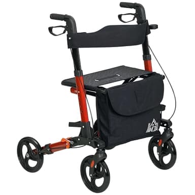 HOMCOM 4 Wheel Rollator with Seat and Back, Folding Mobility Walker with Carry Bag, Adjustable Height, Dual Brakes, Cane Holder, Lightweight Aluminium Walking Frame for Seniors and Disabled, Red