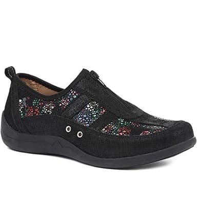 Pavers Women's Leather Trainers in Black Floral - Wide Fit Shoes Decorated with Shimmering Flashes - Ladies Casual Footwear - Size UK 5 / EU 38