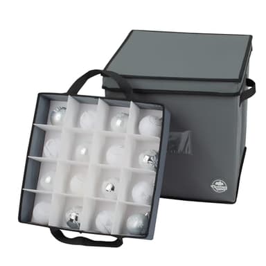 Christmas Village 64 Bauble Storage Bag with Adjustable Dividers, Removable Lid – 600D Fabric Premium Bag for Xmas Tree Decors Organisers, Festive Ball Holder & Carry Handles (Grey, w/Pull Out Trays)