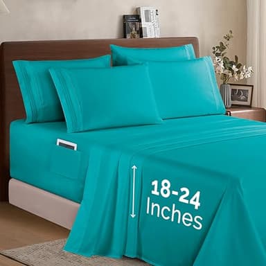 Elegant Comfort 1500 Premium Quality 4-Piece Bed Sheet Set - 18-24 Inch Extra Deep Pocket, Smart Storage Pockets, Wrinkle Free Ultra Soft 4PC Extra Deep Pocket Sheets, Twin/Twin XL, Turquoise