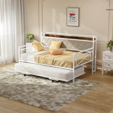 Bonnlo Daybed, Sofa Bed Double with LED and Outlet, Trundle Bed with Storage, Metal Bed Frame Fits 90 * 190 Mattress for Kids, Teens, Adults, Beige