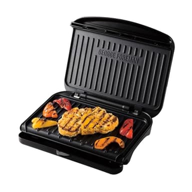 George Foreman Medium Electric Fit Grill [Non stick, Healthy, Griddle, Toastie, Hot plate, Panini, BBQ, Energy saving, Vertical storage, Easy clean, Drip tray, Ready to cook light] Black, 1630W 25810