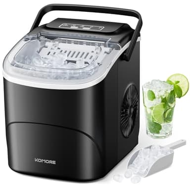 KOMORE Ice Maker with Handle, Portable Self-Cleaning Ice Machine, 2 Sizes of Bullet Ice Maker Machine, 9 Cubes Ready in 6 Mins, 12Kg/24H, Ice Scoop & Basket, Visual Window, Perfect for Home/Office/Bar