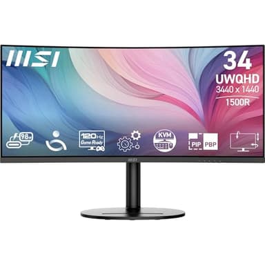 MSI Modern MD342CQP 34 Inch UWQHD 1500R Curved Monitor - 3440 x 1440 VA Panel, KVM, PIP/PBP, Wide Color Gamut, Eye-Friendly Screen, Built-in Speakers, 3-Way Adjustable - HDMI 2.0b, DisplayPort (1.4a)