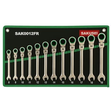 Sakusei Tools Ratchet Spanner Set 12pc Flexi Ratchet Combination Spanner Wrench Set with 12 Point Green Gear Ring Flexible Ratchet Spanner 8-19mm in Fabric Storage Roll(SAK0012FR)