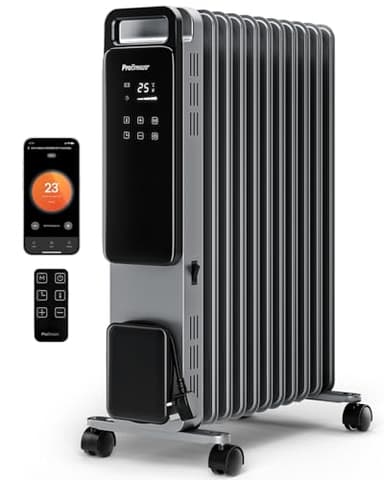 Pro Breeze Smart 2500W 11 Fin Oil Filled Radiator with Digital Display and WiFi Smart App, Thermostat, 24Hr Timer, 3 Heat Modes, Child Lock, Overheat & Tip-Over Protection Oil heater for Home - Silver