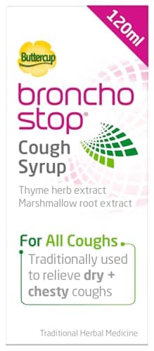 Bronchostop Cough Syrup (120ml) - Relief for Dry or Chesty Coughs - with Natural Thyme Herb and Marshmallow Root Extract - Non Drowsy Cough Medicine That Can Be Diluted & Undiluted - Alcohol Free