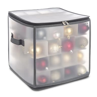 LIVIVO Christmas Bauble and Decoration Storage Cube with Padded Dividers for 64 Xmas Ornaments – Heavy Duty Folding 4 Layer Holder with Separators, Zipped Lid and Handles (Grey)