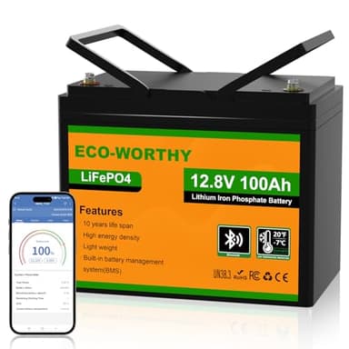 ECO-WORTHY 12V 100Ah LiFePO4 Lithium Leisure Battery, 1280Wh with Bluetooth & Low Temp Protection, Group 24 for Motorhome, Caravan, Marine & Solar Power