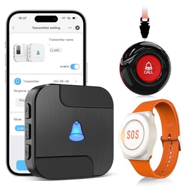 CallToU Tuya WiFi Personal alarms for elderly,Waterproof elderly alarm call button System with 1 Call button,1 Wrist button & Receiver - Connects to Phone,only Supports 2.4GHz WiFi