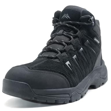 OUTJET Men's Waterproof Hiking Boots Lightweight Comfortable Leather Mid Ankle Outdoor Trekking Boot Black