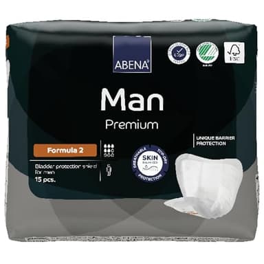 Abena Man Formula 2 Incontinence Pads for Men, Eco-Labelled Mens Incontinence Pads, Extra Protection, Breathable & Comfortable with Fast Absorption, Discreet - 700ml Absorbency, 15PK