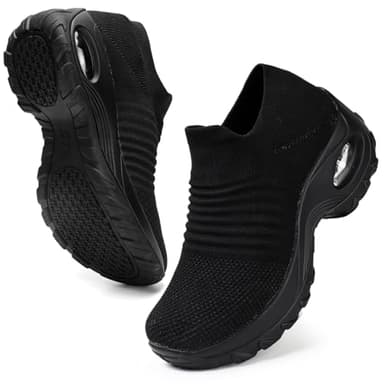 HKR Slip on Womens Trainers with Arch Support Comfortable Orthopedic Shoes for Women Plantar Fasciitis Non Slip Ladies Nurse Work Nordic Walking Shoes All Black UK 6