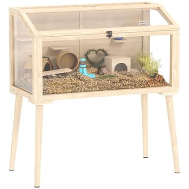 PawHut Wooden Hamster Cage, Gerbil Cage with Openable Top, Seesaws, Platforms, Water Bottle, Small Animal Habitat for Syrian, Dwarf, Mouse, Rats, Rodent, 110 x 52 x 101 cm