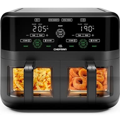 CHEFMAN 5.6L Dual Air Fryer Oven, Dishwasher Safe Frying Baskets, Double Air Fryer with Sync Finish, Hi-Fry, Auto Shutoff and Easy View Windows, Black