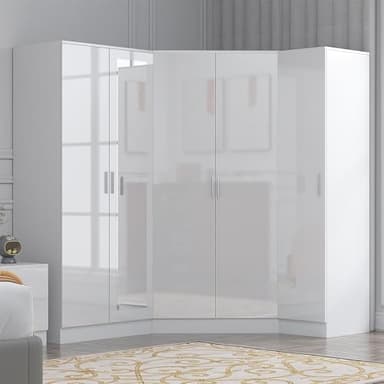 Reflect 3 Piece Wardrobe Bundle | 2 Door Corner + 2 Door Mirror + 1 Door Plain | White Gloss & Matt White Finish | H: 180cm x W: 179cm x D: 103cm | Modern Bedroom Furniture Storage Solution