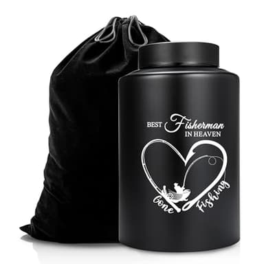 Fishing Cremation Urns Large Urns for Human Ashes Decorative Urn Funeral Urn with Fish Suitable for Cemetery Burial Memorial Urn Large Keepsake Urn up to 220 lbs (Black-Best Fisherman in Heaven)
