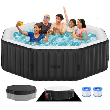 4-6 Person Inflatable Hot Tub, Polygon Portable Blow Up Hot Tub, Leak-Proof PVC Outdoor Spa with 130 Strong Air Jets, Heater Pump and Insulated Cover, 77” X 77”X 25”