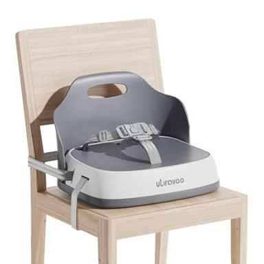 UBRAVOO Portable Booster Seat for Dining, Travel High Chair with 3-Point Harness and 2 Adjustable Straps, Washable Baby Food Chairs 6 Months Plus Sitting Up(Grey)