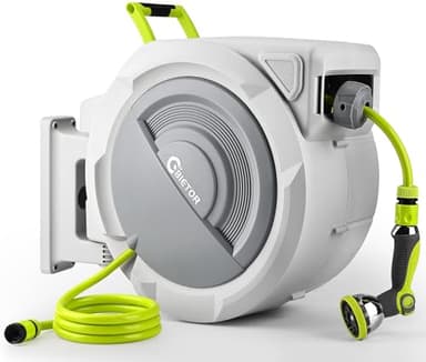 Bietor Wall-Mounted Garden Hose Reel 45m+2m, Automatic Retraction, Adjustable Length Lock, 180°-Swivel Bracket, 10 Spray Patterns for Garden, Lawn & Car Wash