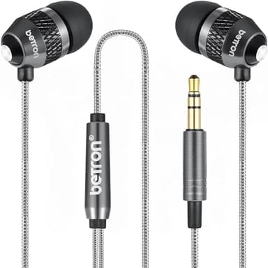 Betron B25 Earphones, Noise Isolating In-Ear Wired Headphones with Strong Bass, Tangle-Free Cord, Lightweight, Carry Case and Soft Earbud Tips, Black
