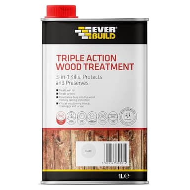 Everbuild Triple Action (Kills, Protects and Preserves) Wood Treatment – Lasting Protection From Damage Caused By Wood Rot, Fungi And Wood Boring Insects – Clear – 1 Litre