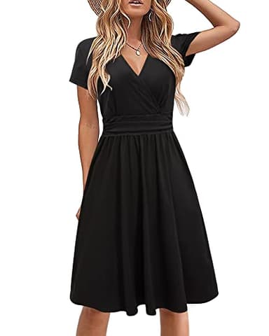 STYLEWORD Women's Summer Dress Short Sleeve V-Neck Sundress Black Wrap Waist Casual Dress with Pockets(Black,Medium)