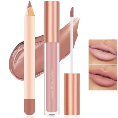 Matte Nude Lip Liner and Lipstick Makeup Set, Matte Liquid Lipstick/Nude Lip Stain High Pigment & Lipliner Pencil for Women, Smooth Lip Makeup (01)