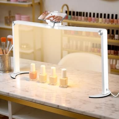 VIHBRAI 35W Half Moon Lamp 26inch Square Nail Desk Lamp with Phone Holder, Foldable LED Nail Table Light 3000K-6000K Dimmable for Nail Tech, Lash Eyelash Extension, Tattoo, Eyebrows, White
