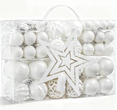 146pcs Christmas Baubles White Xmas Ball Ornaments for Christmas Tree Decorations, Shatterproof Hanging Bauble Set for Xmas Holiday Party Home Decor (Hooks Inc.)