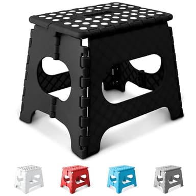KEPLIN 11 Inch Heavy Duty Folding Step Stool | Non-Slip Foldable Footstool for Toddlers, Children & Adults | Portable, Lightweight Plastic Footstep w/Carrying Handle for Indoor or Outdoor (Black)
